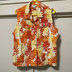 LOS button-down white vest w/ yellow, orange, & red leaves, size XL